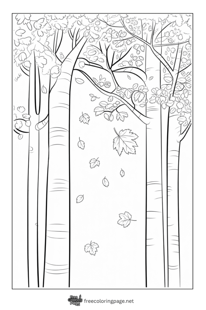 coloring page of autumn tree forest