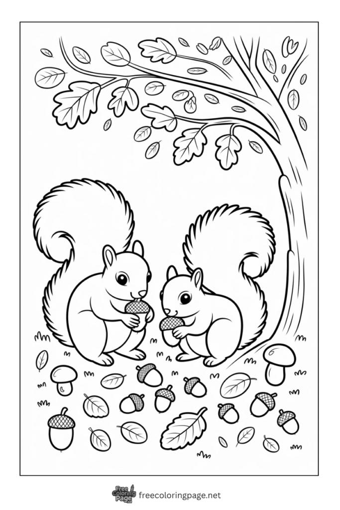 coloring page of autumn squirrel collecting fruit