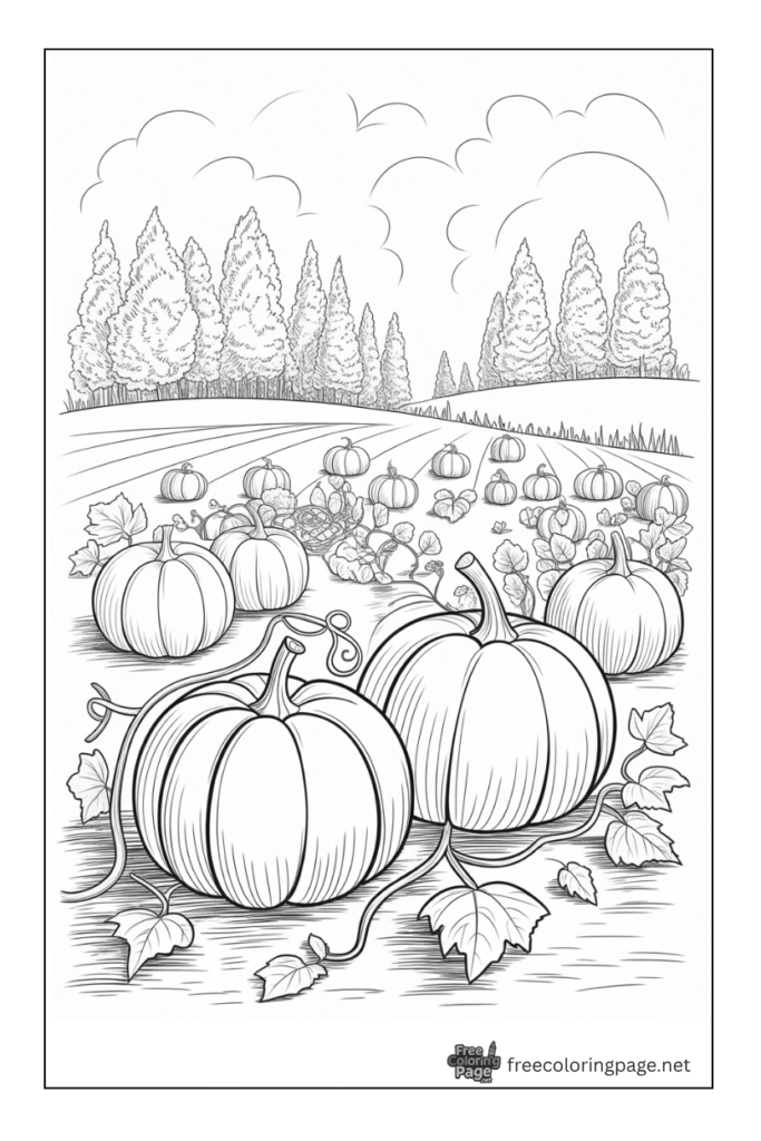 coloring page of autumn pumpkins in field