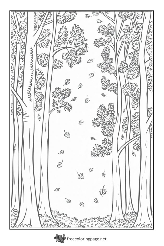 coloring page of autumn tree falling leaves