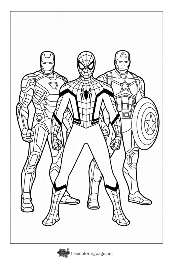coloring page of spiderman and avengers team iron man captain america