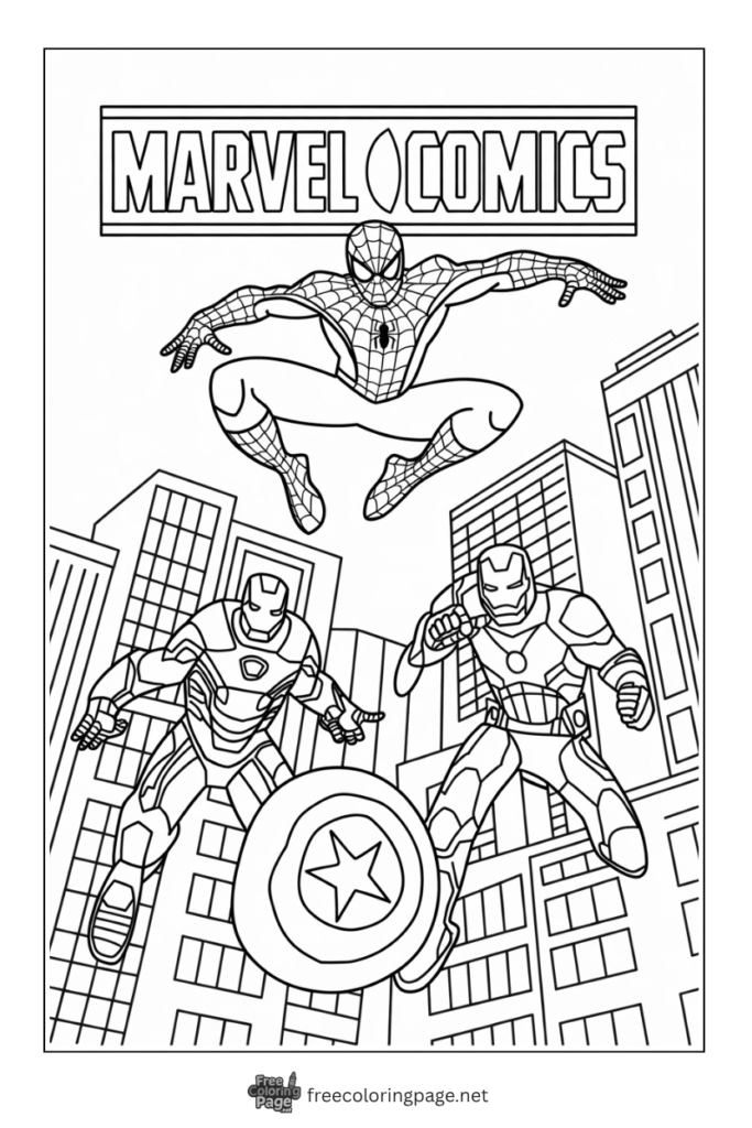 coloring page of spiderman with team avengers