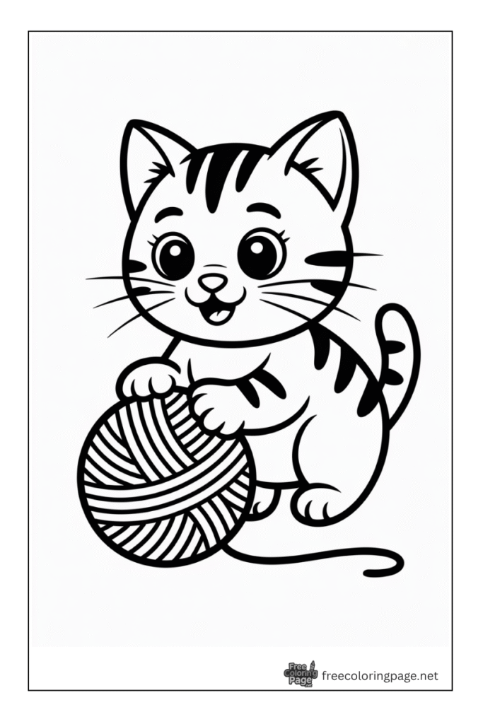 Coloring page of kitten with thread ball