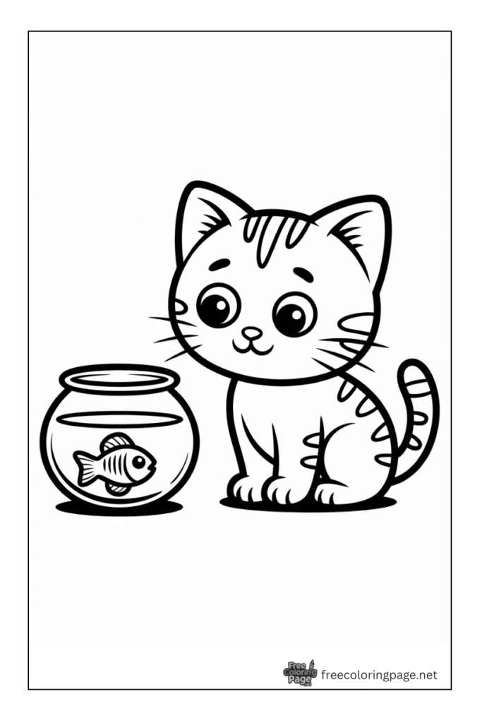 Coloring page of baby cat watching fish in jar