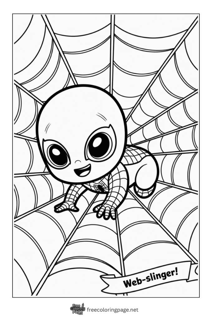coloring page of baby spiderman on web