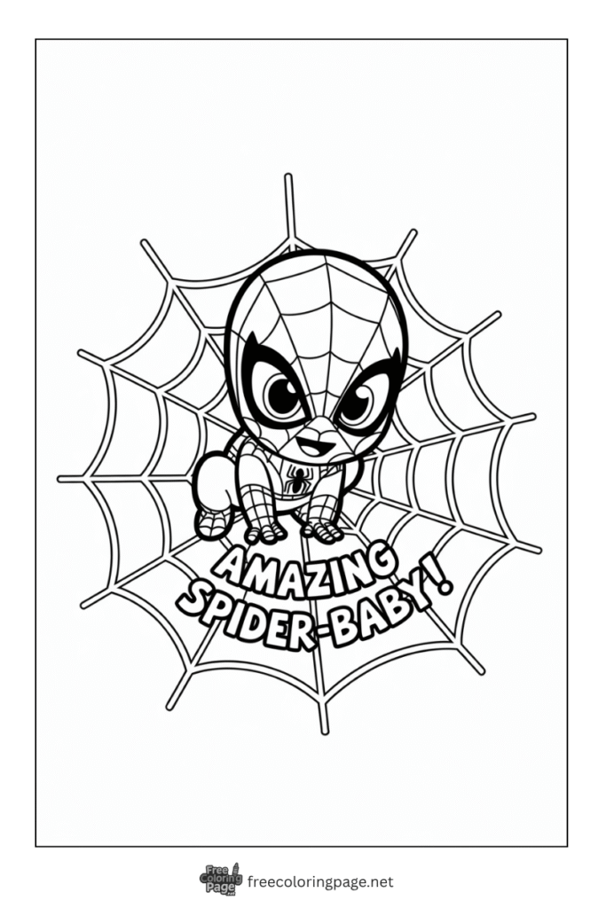 coloring page of spider baby with web