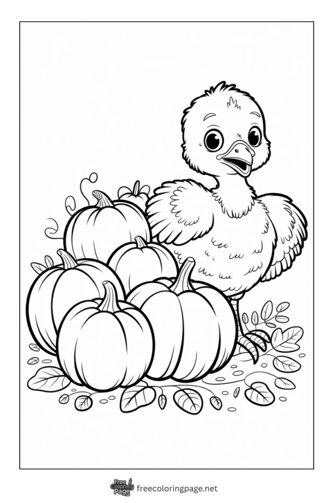 coloring page of thanksgiving pumpkins and baby turkey