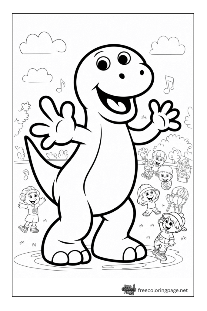 coloring page of barney dinosaur happy