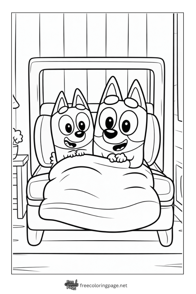 coloring page of bluey and bingo bedtime