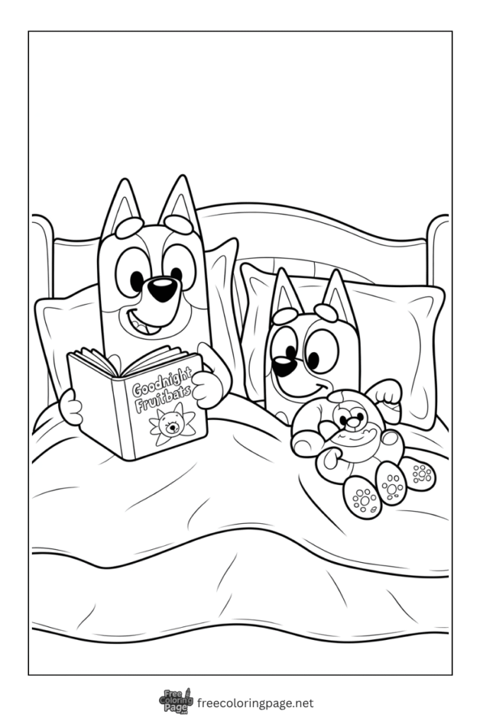 coloring page of bluey and bingo story time