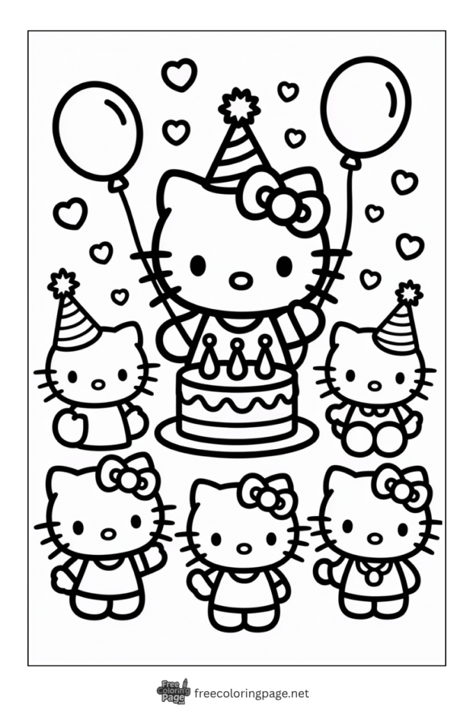 coloring page of hello kitty bitday with kitties