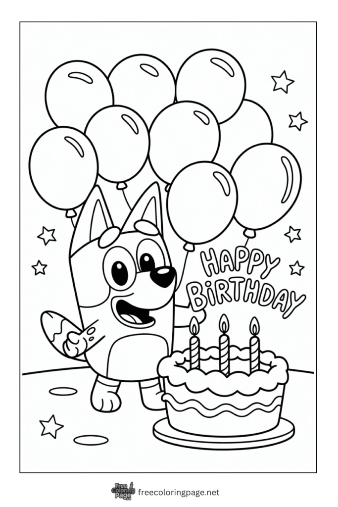 coloring page of bluey birthday baloons and cake