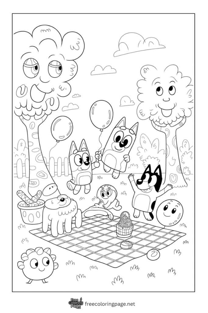 coloring page of bluey family picnic