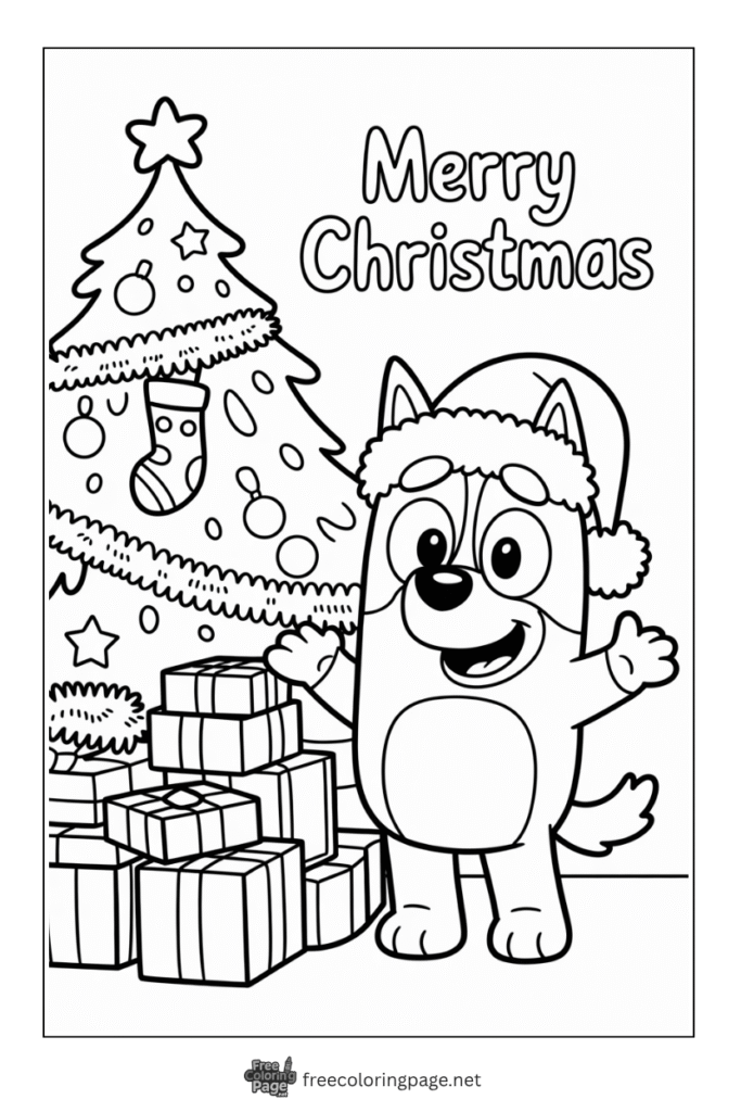 coloring page of bluey with christmas gifts