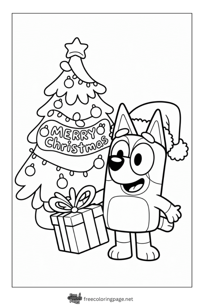 coloring page of bluey christmas tree and gift