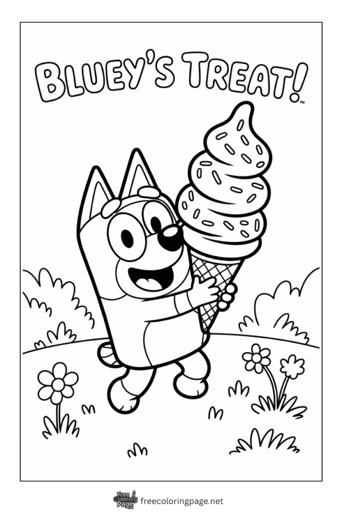 coloring page of bluey with big ice cream