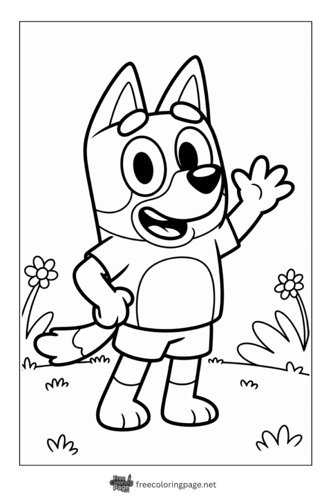 coloring page of bluey waving bye