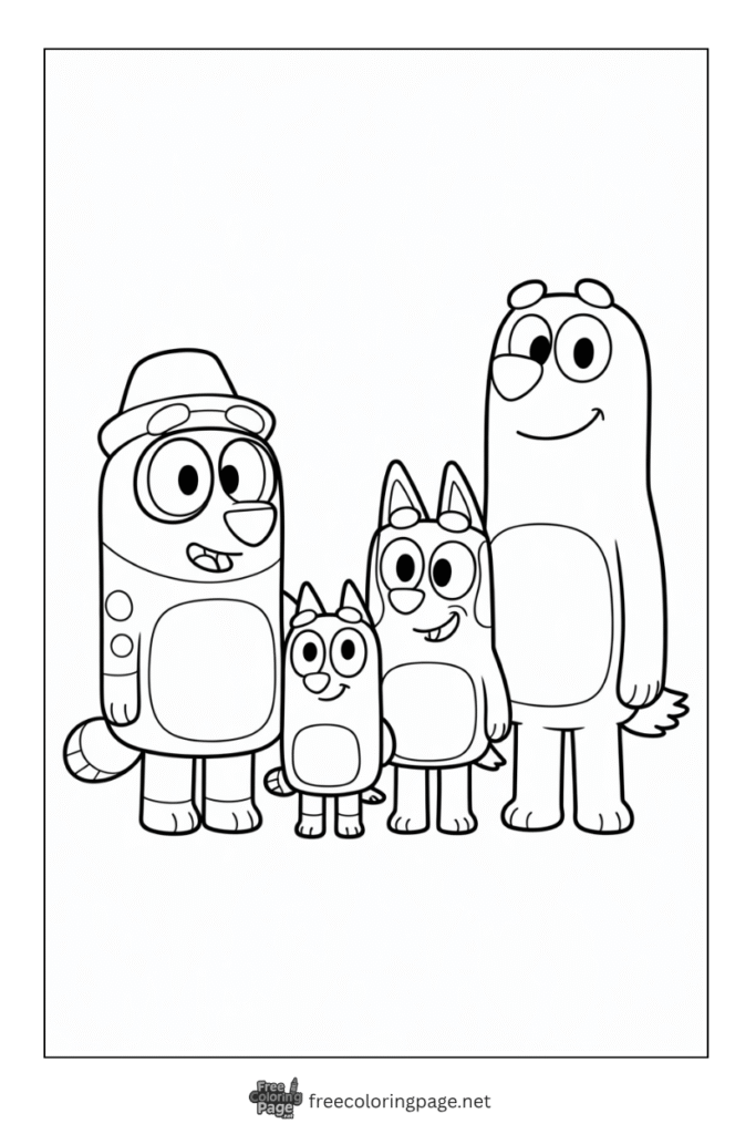 coloring page of bluey bandit bingo and chili