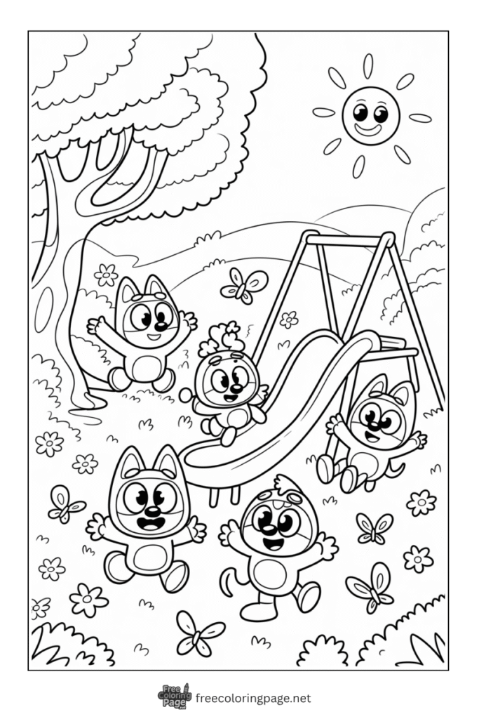 coloring page of bluey friends playing