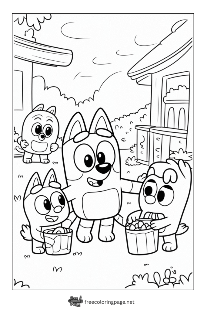 coloring page of bluey friends coco Snickers, Lucky, Indy, and Mackenzie