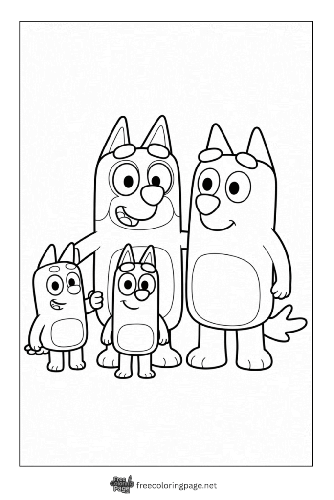 coloring page of bluey family together
