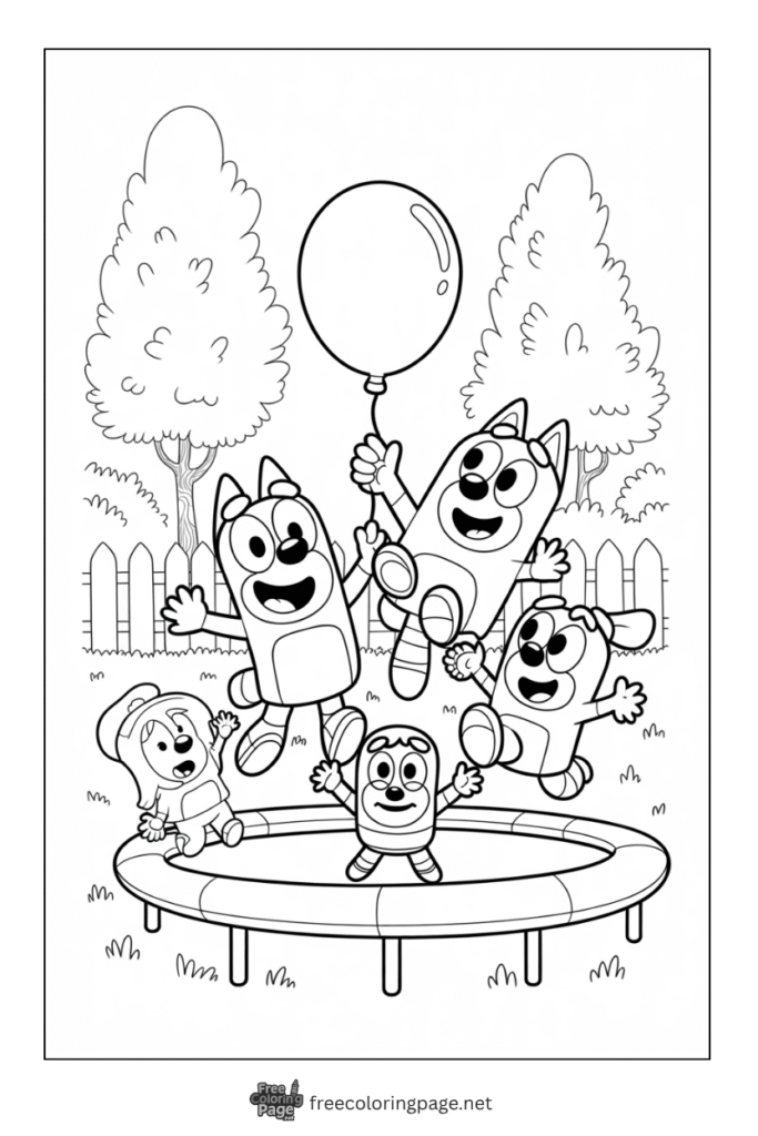 coloring page of bluey and friends playing in park