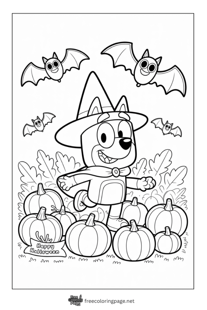 coloring page of bluey celebrating halloween