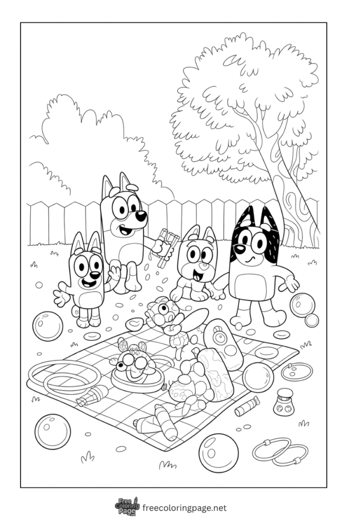 coloring page of bluey family fun