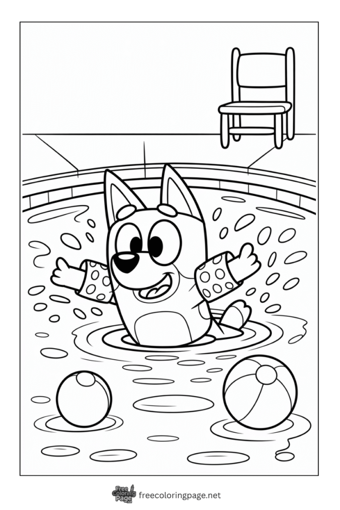 coloring page of bluey enjoying swimming