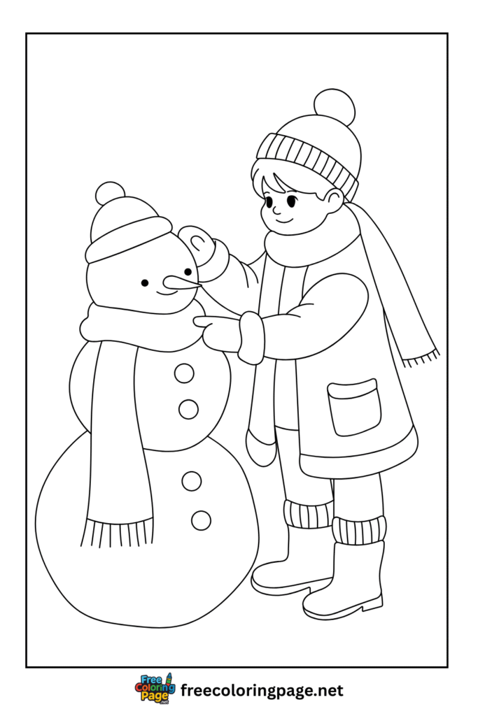 coloring page of boy wearing cloths to snowman