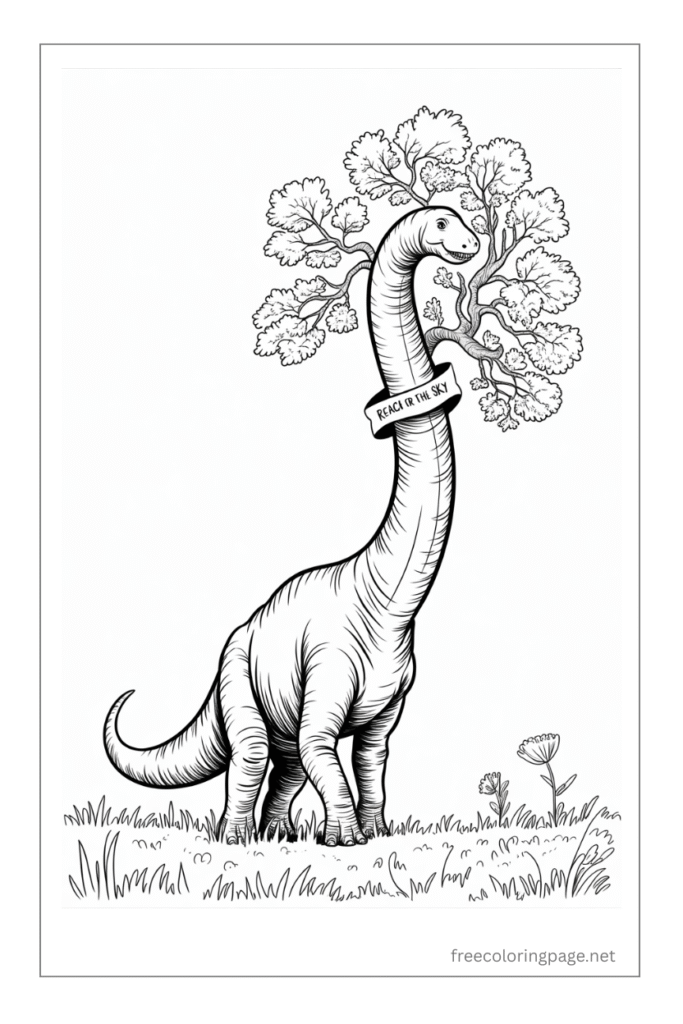 coloring page of realistic brachiosaurus dinosaur eating tree leaves