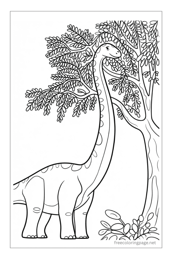 coloring page of  brachiosaurus dinosaur standing near tree 