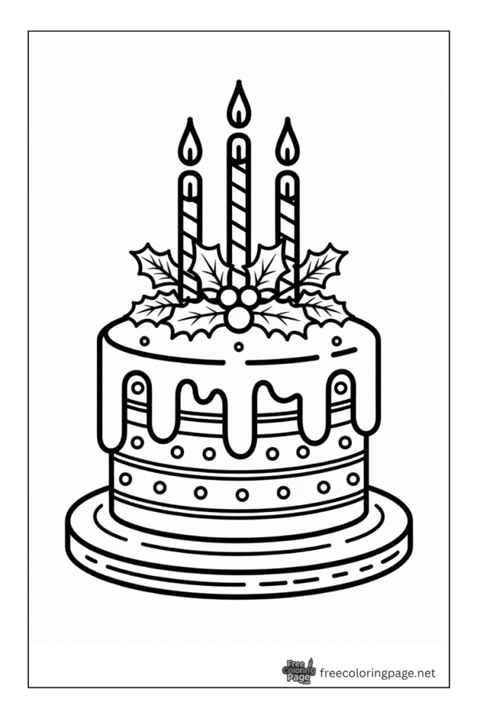 coloring page of christmas cake with candles