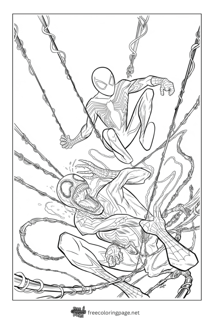 coloring page of carnage and spiderman fight
