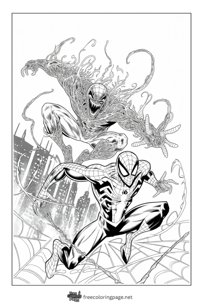 coloring page of spiderman fighting with carnage