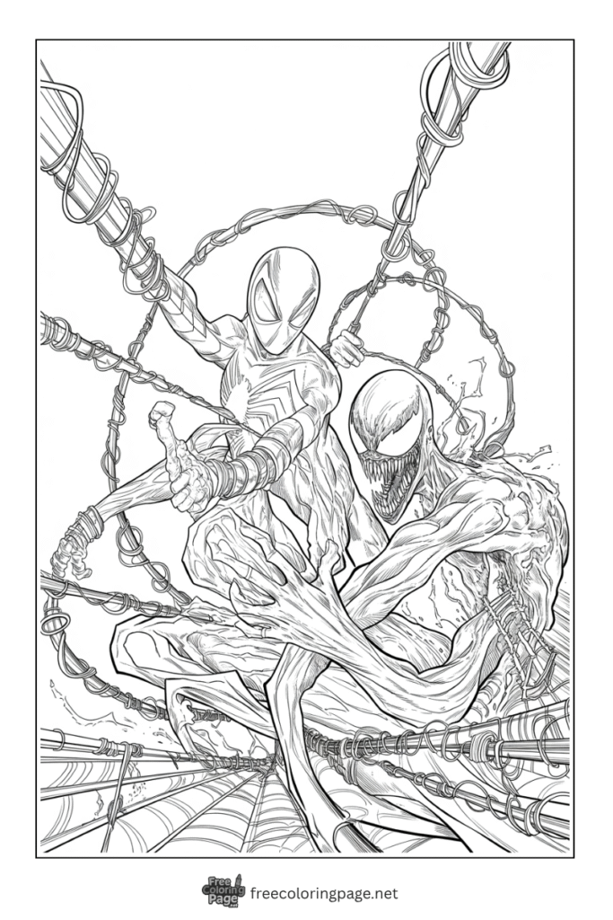 coloring page of spiderman and carnage deadly fight