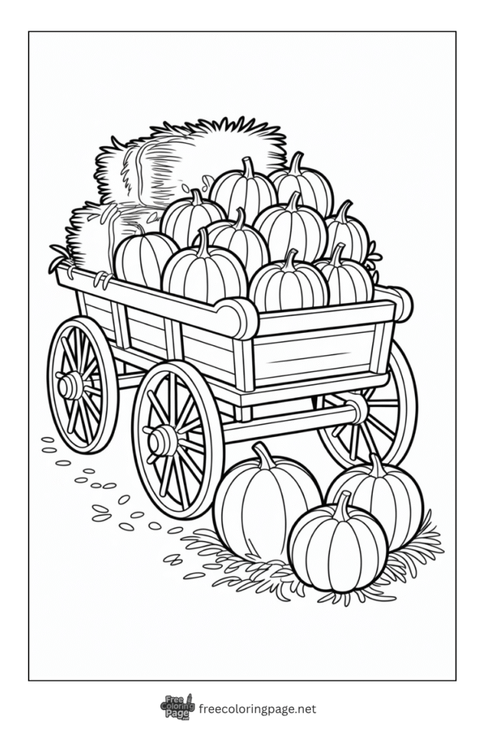 coloring page of thanksgiving cart full of pumpkins