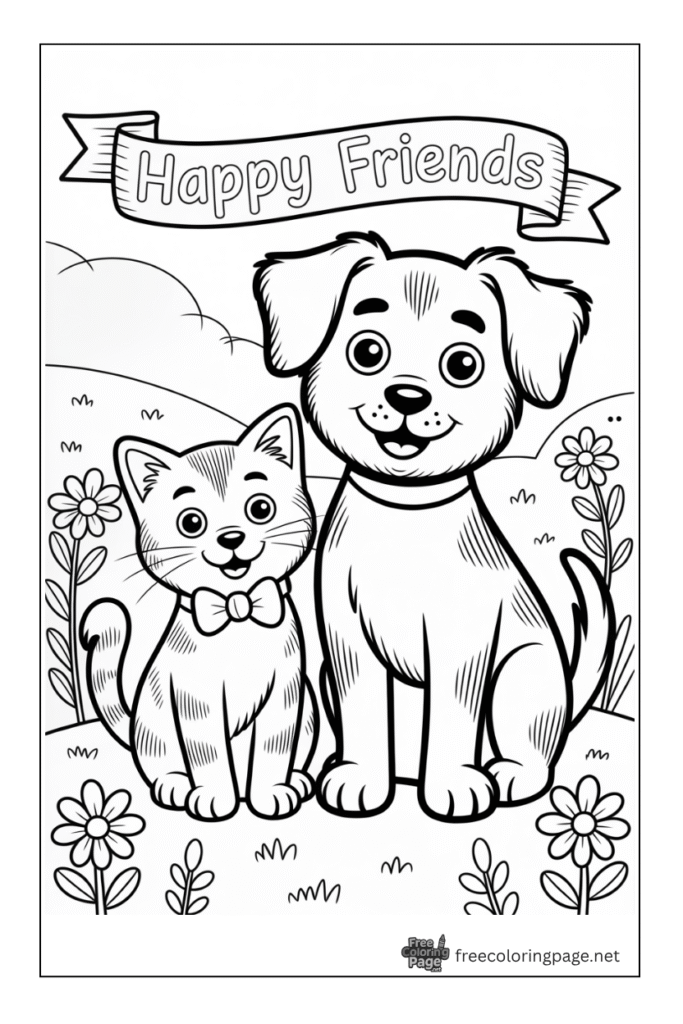 Coloring page of dog and cat sitting together and enjoying