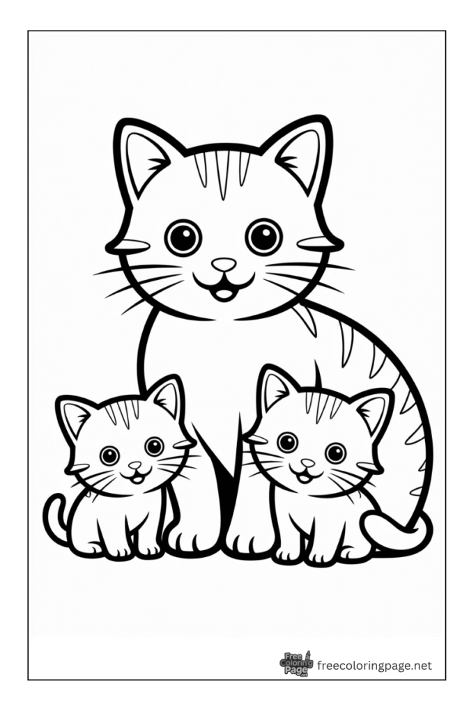 Coloring page of cat with her kittens