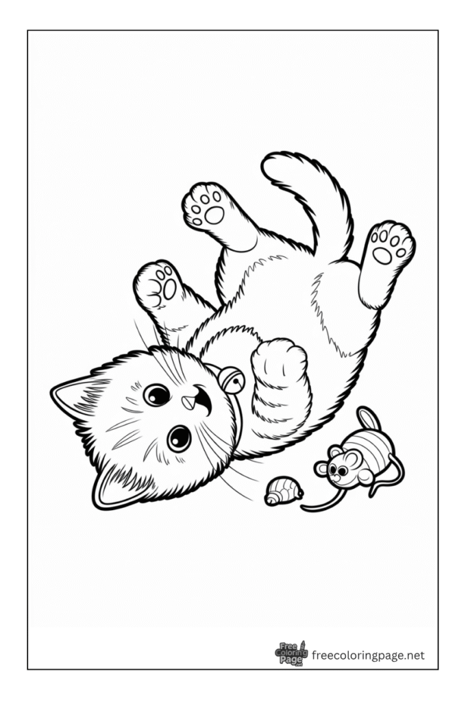 Coloring page of cat playing with rat