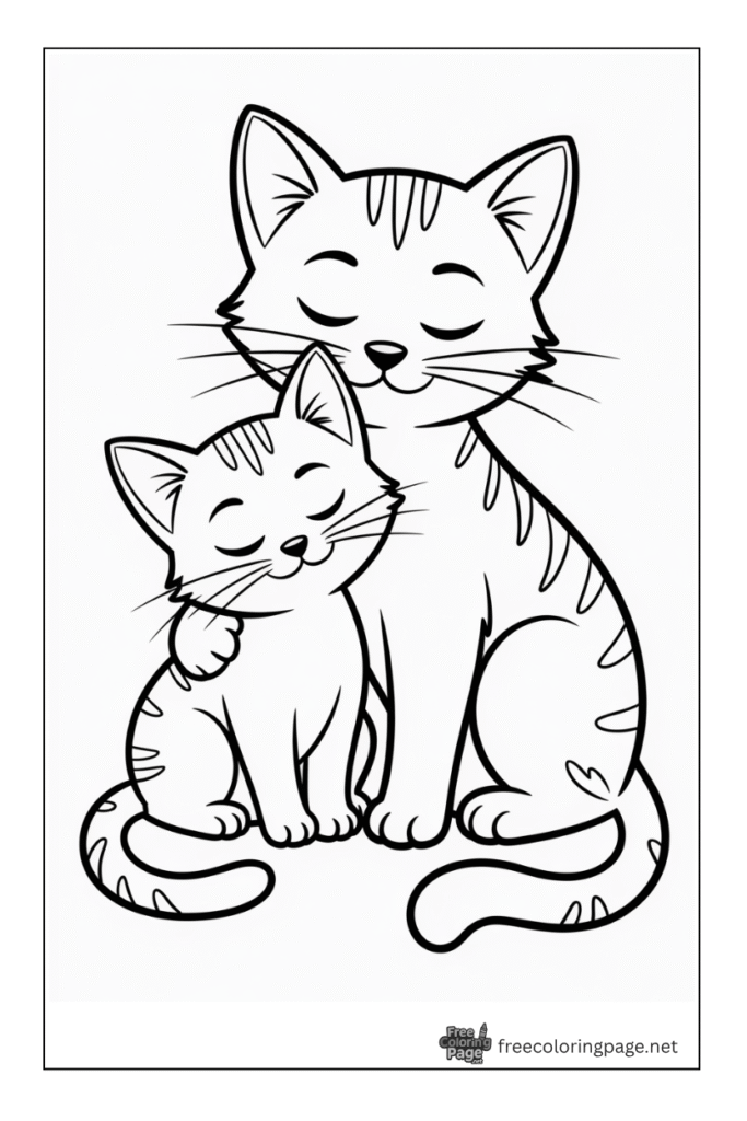 Coloring page of kitty and cat sitting together