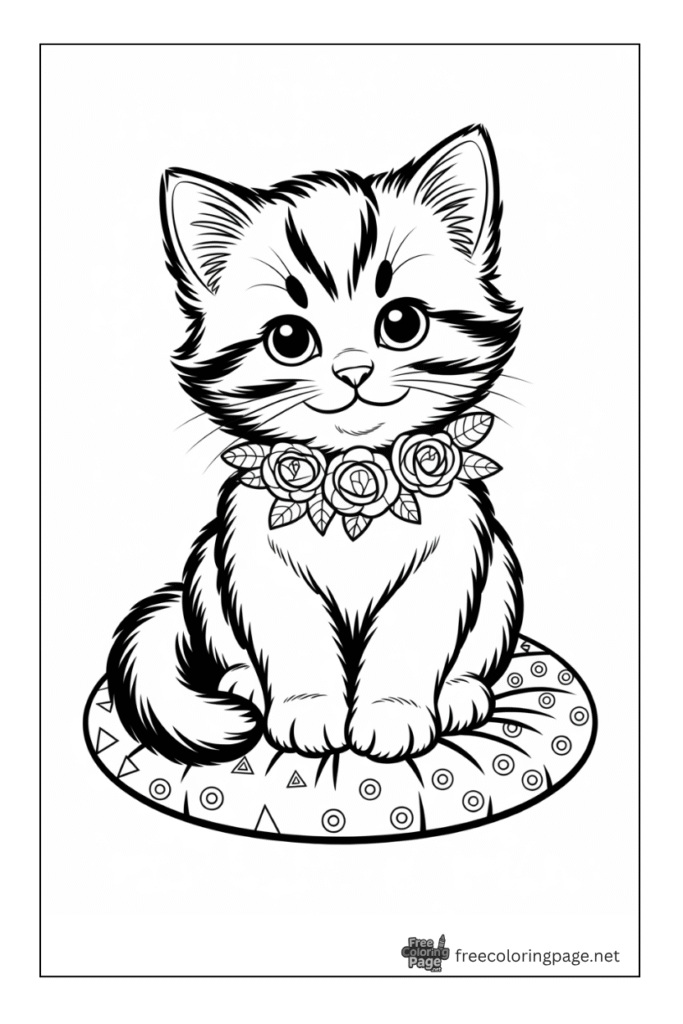 Coloring page of cat sitting on his bed with wearing flower