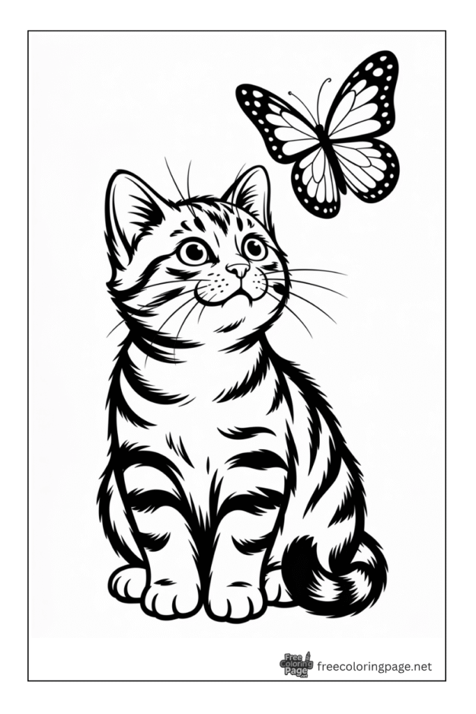 coloring page of cat looking at butterffly realistic
