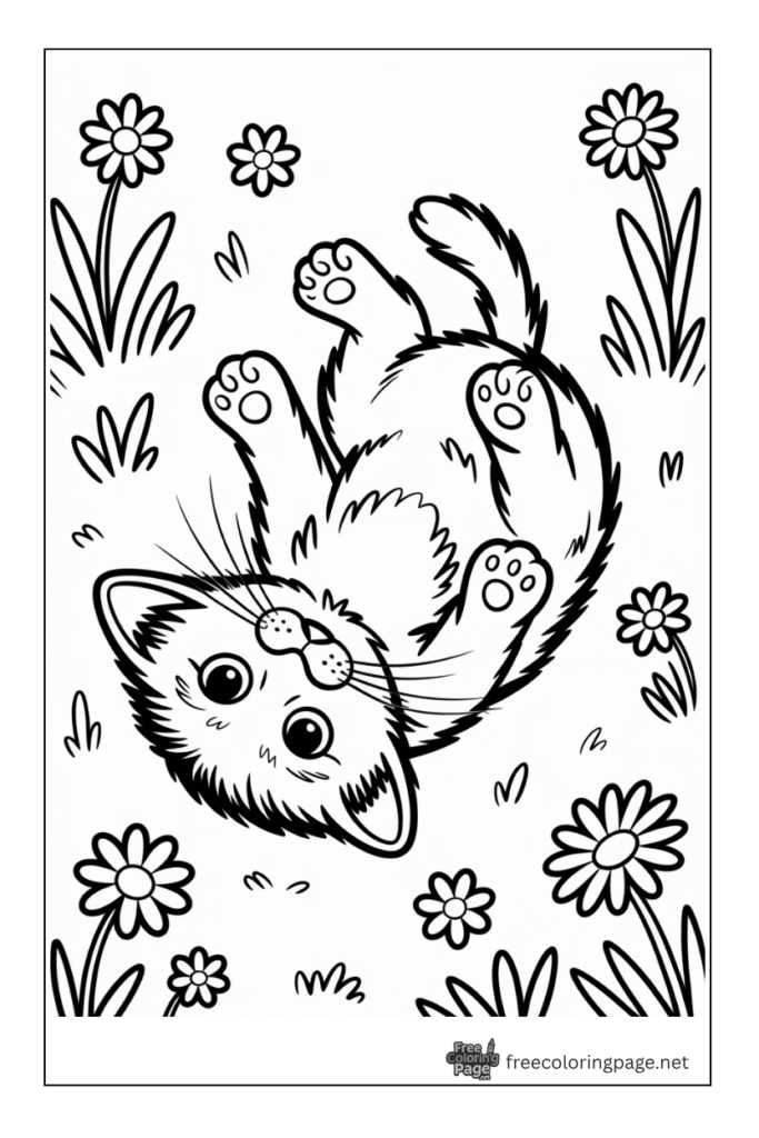 Coloring page of cat cuddling with flower background