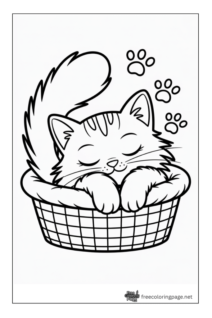 Coloring page of cat sitting in basket