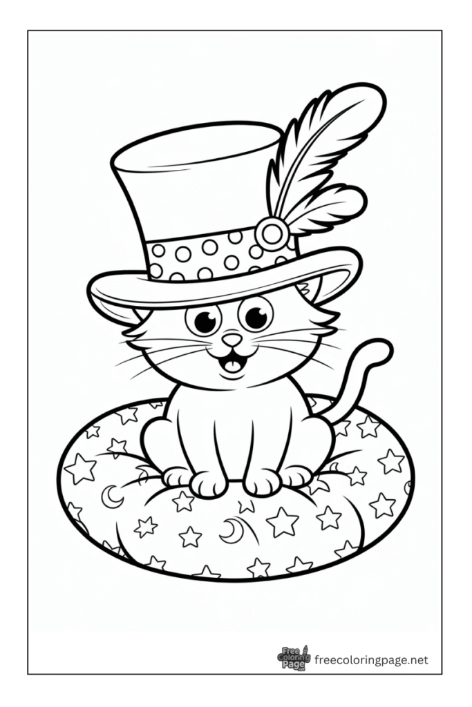 coloring page of cat wearing hat and sitting on couch
