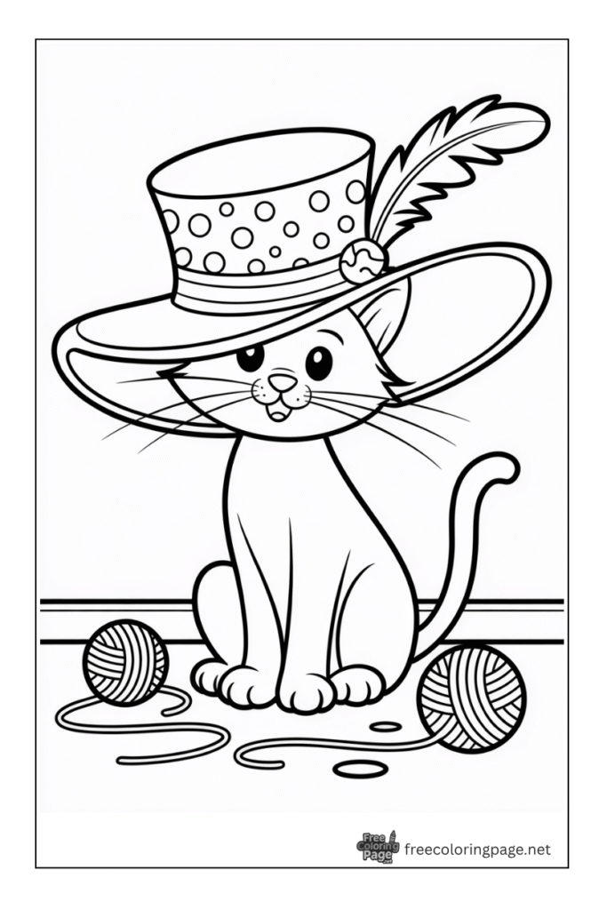 coloring page of cat waring big hat with a feather