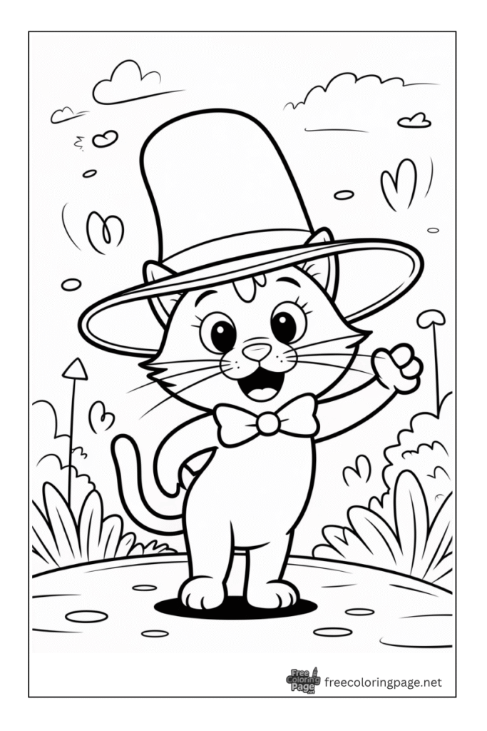 coloring page of cat with hat in garden