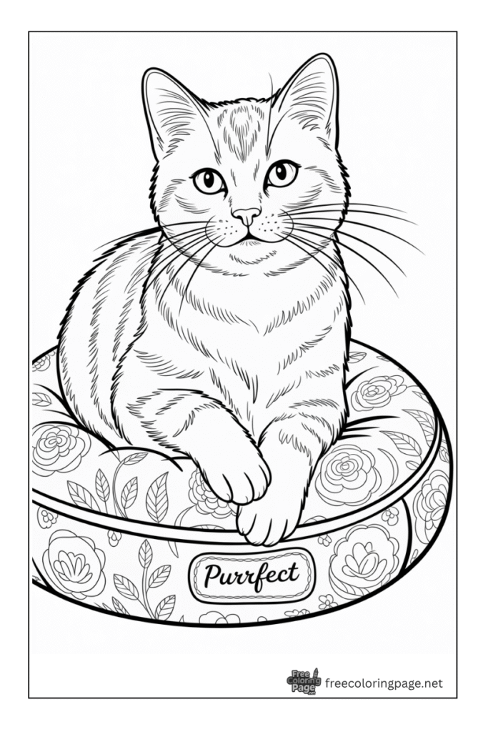 coloring page of cat sitting on his bed