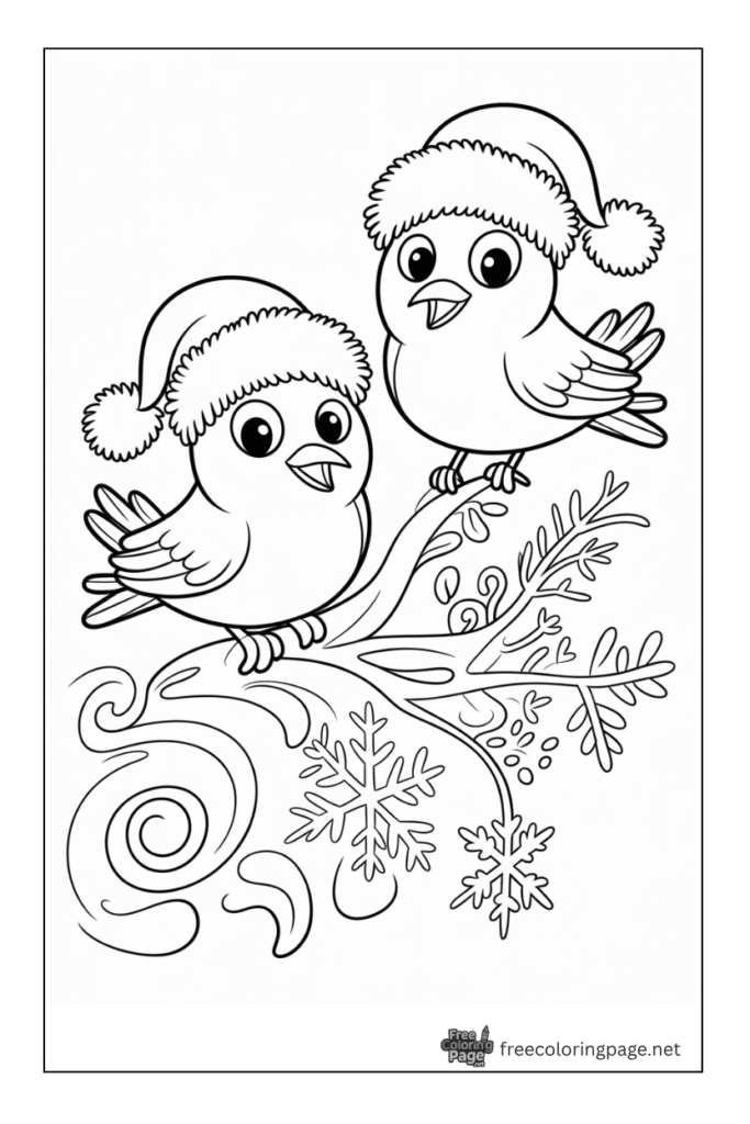 coloring page of birds wearing christmas hat